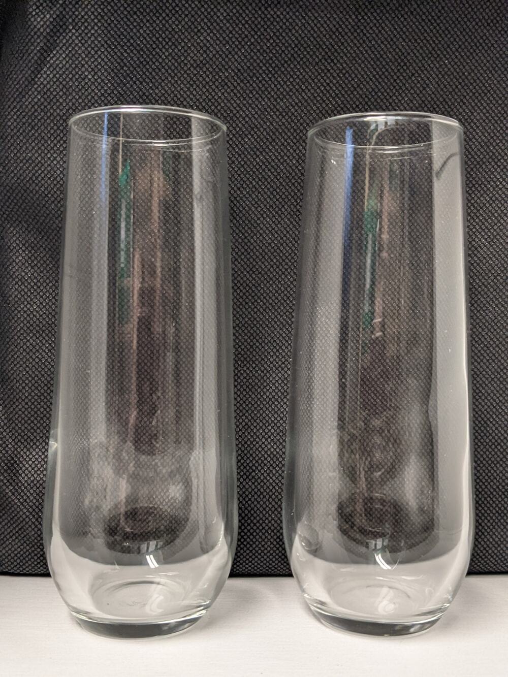 Mid Century Modern 5.75in Stemless Champagne Flute Glass Pair Bottom Heavy Shape
